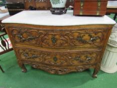 French walnut Bombe 2 drawer commode with marble top & heavily carved decoration to front, 120cms