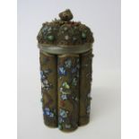 Hexagonal silver mesh lidded jar with enamel decoration of birds & blossoms with coloured stones,