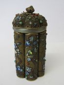 Hexagonal silver mesh lidded jar with enamel decoration of birds & blossoms with coloured stones,