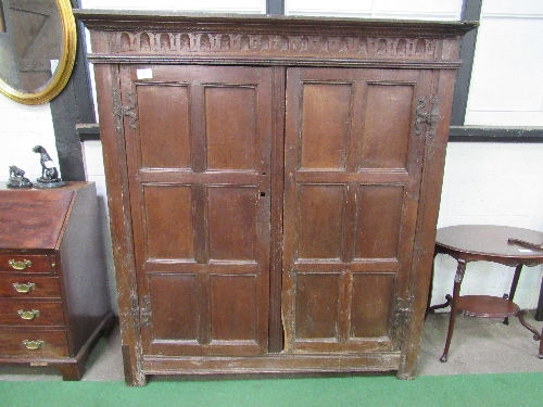 Large oak 17th century hanging cupboard, double doors, gouge carving to top, hanging pegs to - Image 2 of 6