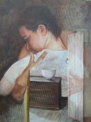 Unframed oil on canvas of a female being embraced, signed TP