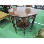 Mahogany octagonal display table with fretted supports to legs & under shelf, diameter 75cms.