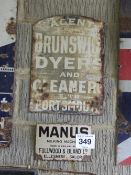 3 enamel signs, Alfa Laval 35cm x 10cm, Brunswick Dryers & Cleaners 34cm x 45cm, Manus Milking