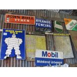 8 various advertising signs to include Mobil, Castrol, Rylands Fencing