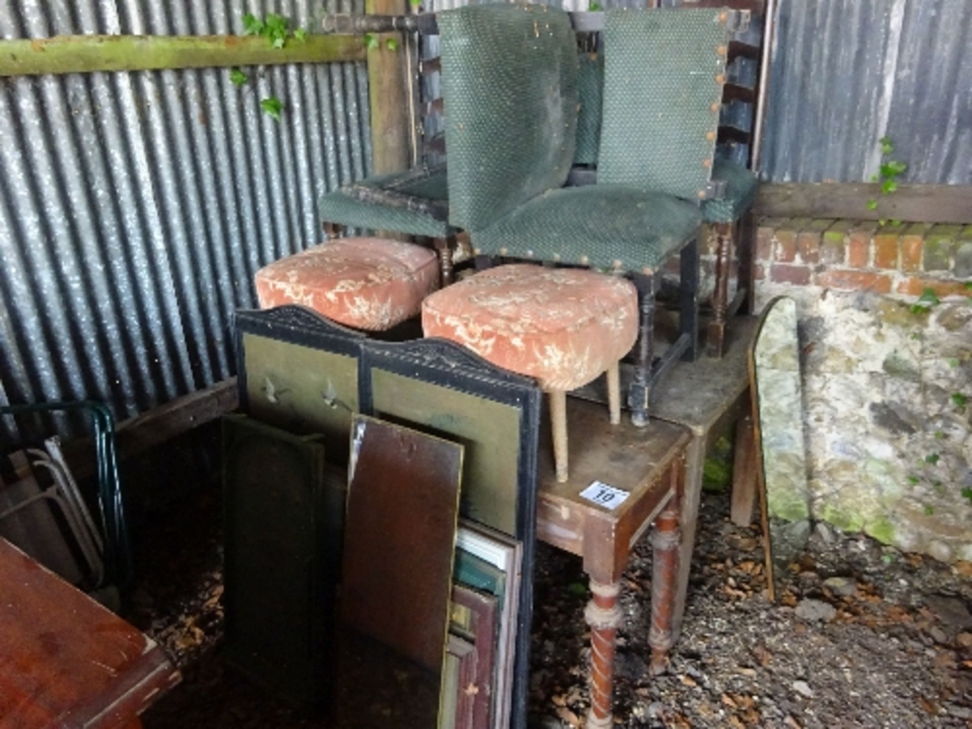 2 tables, 5 dining chairs, 2 stools, assorted pictures & bagatelle board