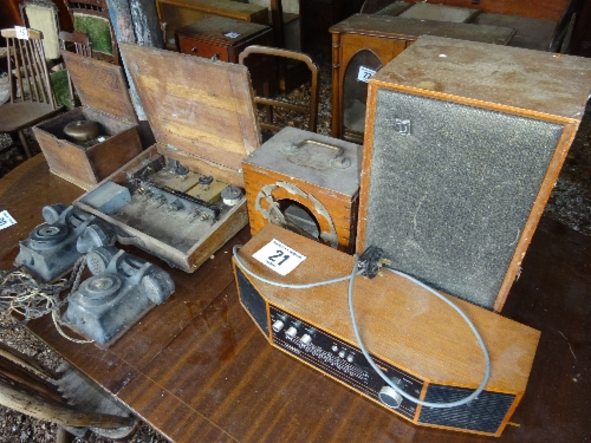 Hacker 'windsor' radio and speakers and early valve radio (amplifier) and old electric bell plus 2