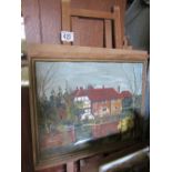 Painting of a Cottage by the River on an easel
