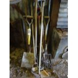 Quantity of assorted hand tools, forks, spades etc