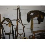 2 harness racks, hames and harness parts