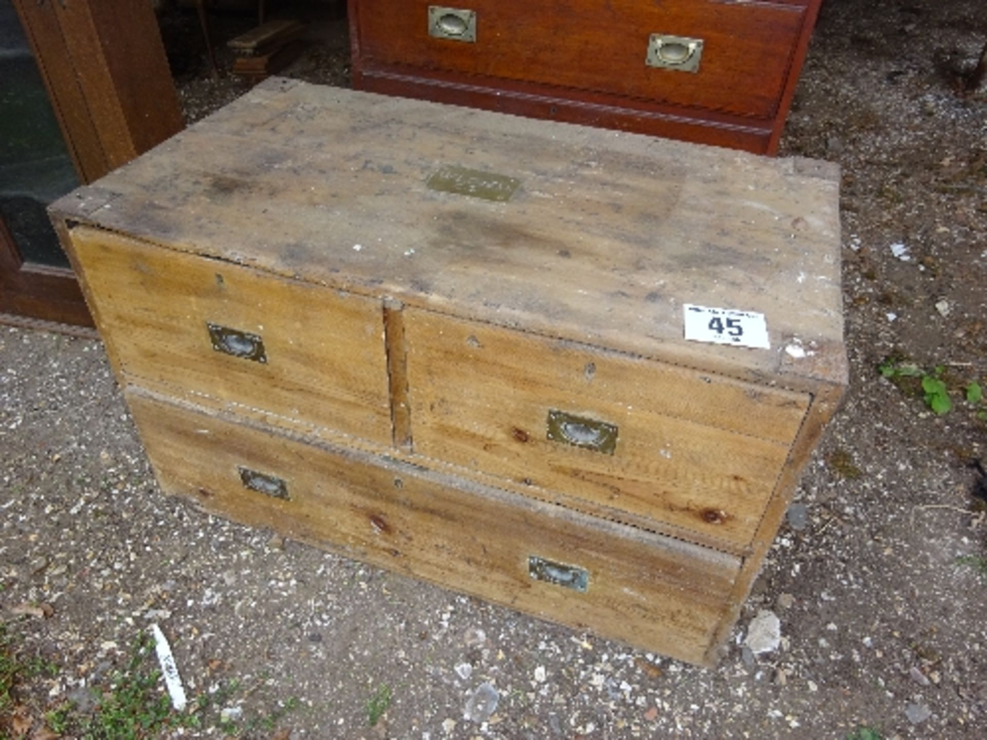 Pine chest (2 over 1 drawers) c/w brass name plate ' W Lovell CS'