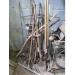 Wooden hand tools, shovels, scythes, forks