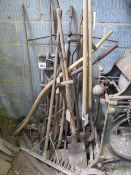 Wooden hand tools, shovels, scythes, forks