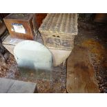Oak drop leaf table, wooden box and wicker basket, occasional table and mirrors