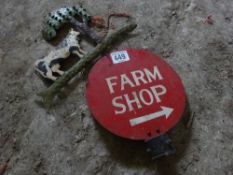 Farm shop sign, tin coat with cow under a tree