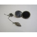 Silver marcasite & pearl pendant & a pair of large marcasite & jet clip-on earrings. Estimate £20-