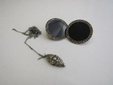 Silver marcasite & pearl pendant & a pair of large marcasite & jet clip-on earrings. Estimate £20-