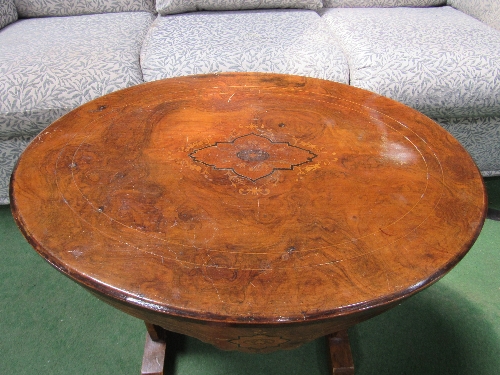 Burr walnut & inlaid sewing box on 2 slab legs with stretcher, 61cms x 44cms x 59cms. - Image 2 of 3