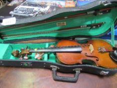 Junior size violin, in hard case. Estimate £20-40.