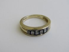 9ct yellow gold, sapphire & diamond Greek key style ring, size R, weight 3.7gms. Estimate £90-100.