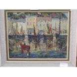 Oil on board of continental harbour scene. Estimate £5-10.