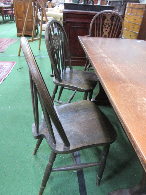 Oak lyre-end dining table with centre stretcher, 110cms x 76cms x 74cms & 4 + 2 wheelback matching - Image 3 of 3