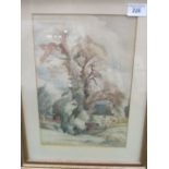 Framed & glazed watercolour of a large tree with building & figure, signed E M Ouston, 1848