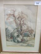 Framed & glazed watercolour of a large tree with building & figure, signed E M Ouston, 1848