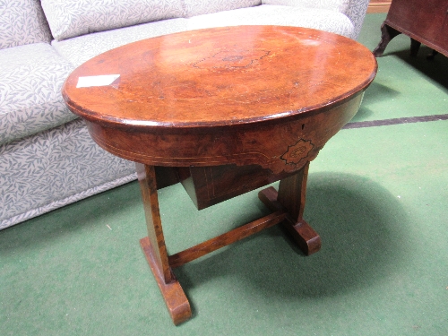 Burr walnut & inlaid sewing box on 2 slab legs with stretcher, 61cms x 44cms x 59cms.