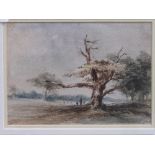 Gilt framed & glazed watercolour of figures & trees. Estimate £20-30.