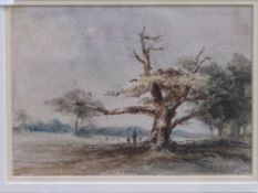 Gilt framed & glazed watercolour of figures & trees. Estimate £20-30.