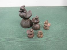 Set of 5 Burmese bronze opium weights in a Brahmani duck type hintha. Estimate £75-100.