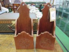 Pair of mahogany Arts & Crafts style wall candle boxes. Estimate £35-55.