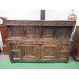 Early 18th century oak carved press cupboard with 2 cupboards above & to base, 188cms x 61cms x
