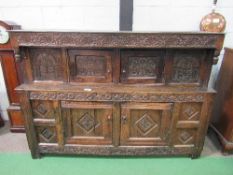 Early 18th century oak carved press cupboard with 2 cupboards above & to base, 188cms x 61cms x