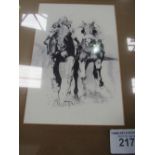 Framed oil on board of racehorses; a framed & glazed print of Red Rum; framed & glazed print of