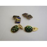 Green enamel & gold coloured cufflinks & an enamel coat of arms cufflinks. Estimate £20-30.