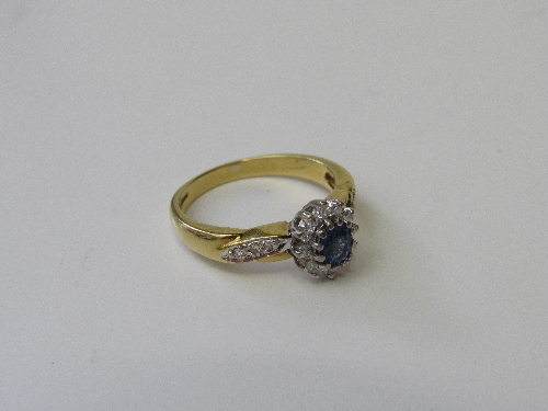 18ct gold, sapphire & diamond cluster ring, size P, weight 5.2gms. Estimate £300-350.