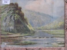 Decorative framed & glazed watercolour of a mountain & river scene, signed H Hadfield Cubley