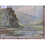 Decorative framed & glazed watercolour of a mountain & river scene, signed H Hadfield Cubley