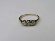 9ct gold 3 stone diamond ring, 0.33ct, size N, wegith 1.6gms. Estimate £50-70.