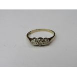 9ct gold 3 stone diamond ring, 0.33ct, size N, wegith 1.6gms. Estimate £50-70.