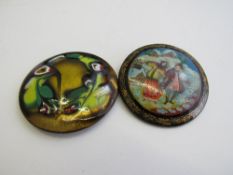 Enamel on copper fashion brooch & a Russian hand-painted brooch. Estimate £10-20.