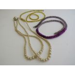 Low quality ruby & sapphire bead necklace (no clasp), yellow bead necklace (no clasp) & a double