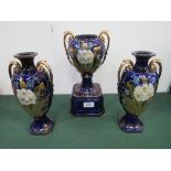 A trio of blue glazed & gold & floral decorated vases by A G Harley Jones, Fenton,