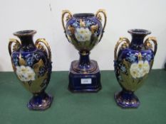 A trio of blue glazed & gold & floral decorated vases by A G Harley Jones, Fenton,