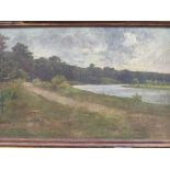 Framed oil on canvas of river scene in a gilt frame, signed Auguste Hiole