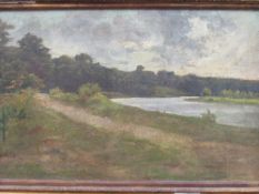 Framed oil on canvas of river scene in a gilt frame, signed Auguste Hiole