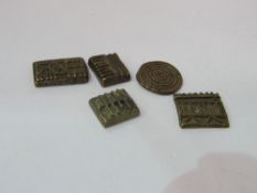 Group of 5 19th century large bronze Ashanti gold weights of various designs. Estimate £60-90.