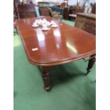 Mahogany wind-out extendable table with 2 leaves & winding handle, 143cms x 119cms x 72cms. Estimate