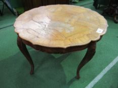 Italian hardwood shaped edge circular inlaid display table on 4 cabriole legs, height 61cms,